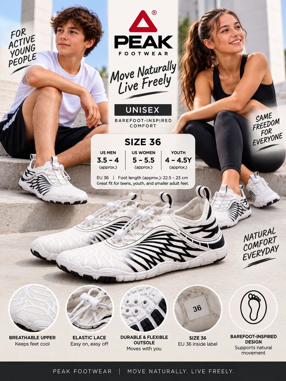 Peak Footwear Barefoot Shoes EU 36 US 5-5.5(M) Youth 4-4.5(F) Youth Unisex NEW